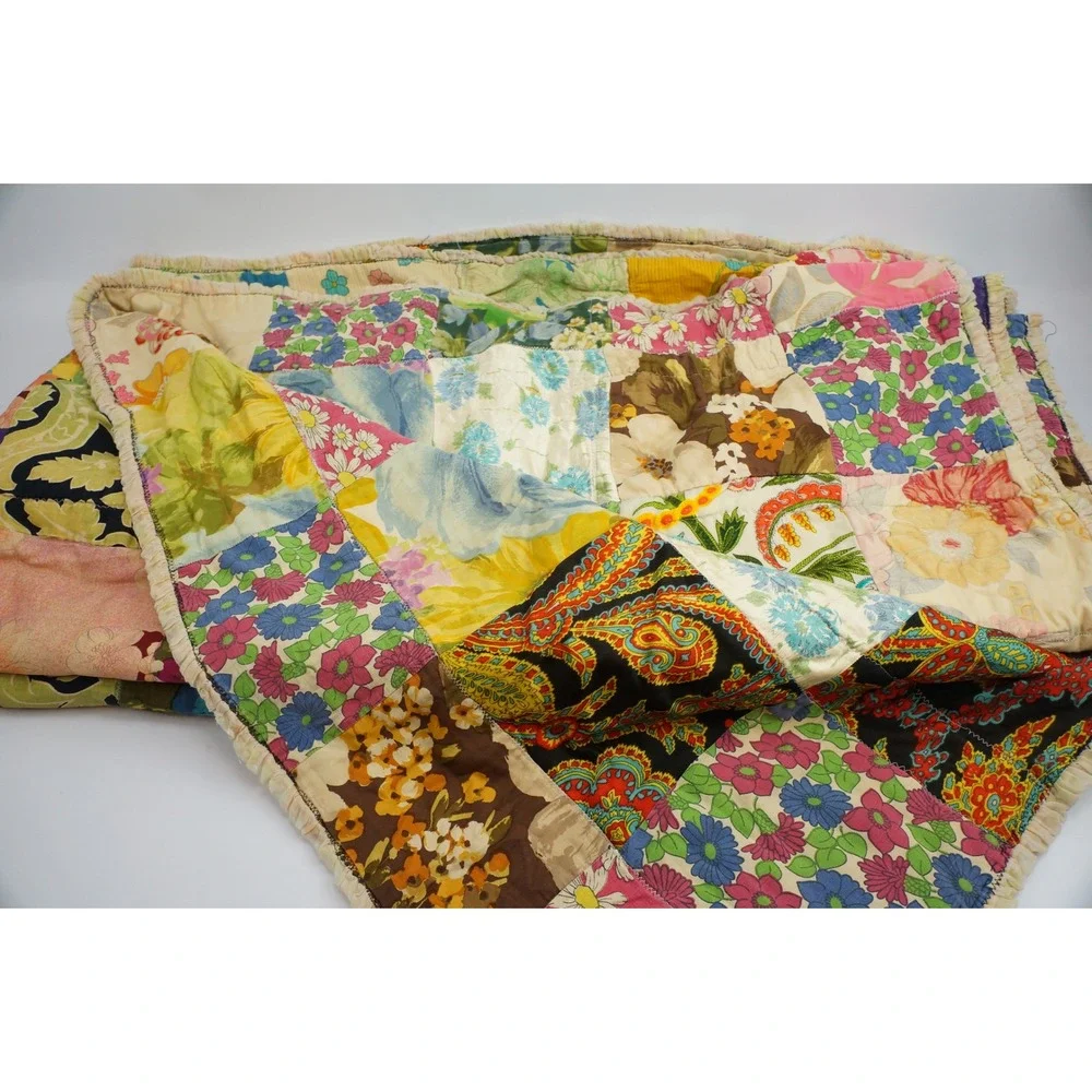Handmade Patchwork Quilt Multi-color Floral Paisley Yarn Tie Vintage Good